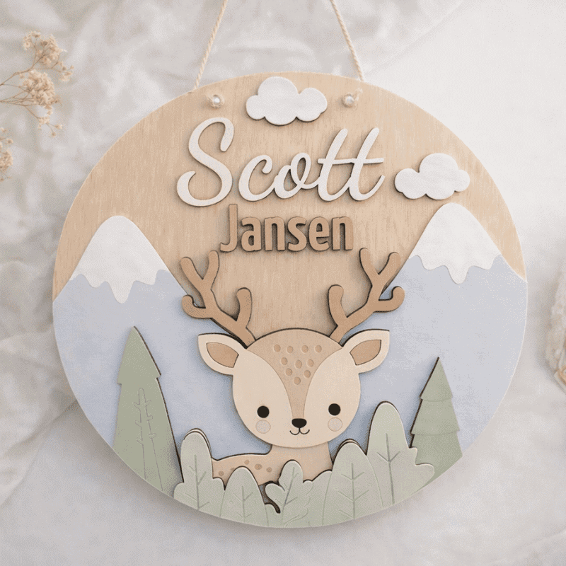 Handgemaakt hert naambord met bergen en wolken, gepersonaliseerd voor kinderkamers.