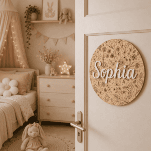 Ronde houten naamplaat met "Sophia" en bloemendecoratie voor kinderkamer.