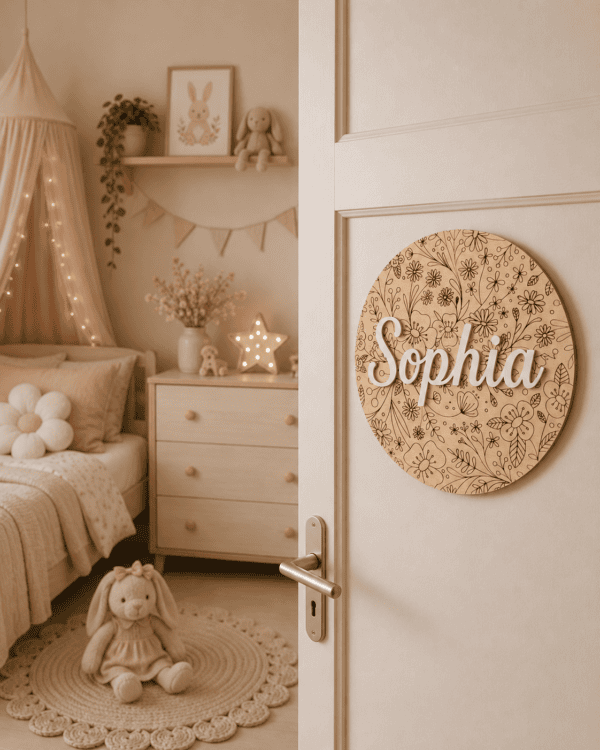 Ronde houten naamplaat met "Sophia" en bloemendecoratie voor kinderkamer.