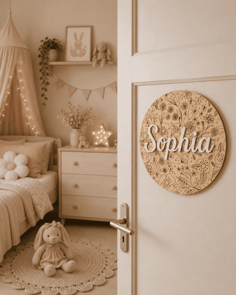Ronde houten naamplaat met "Sophia" en bloemendecoratie voor kinderkamer.