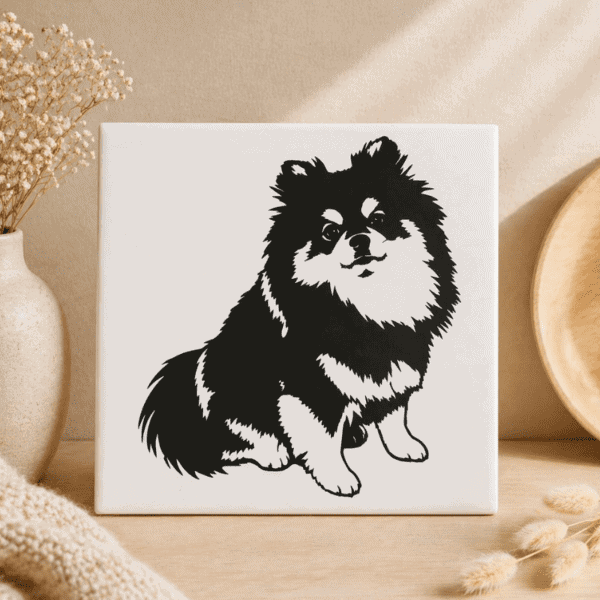 Silhouet van een schattige hond op een wit tegeltje, perfect voor kinderkamers en woondecoratie.