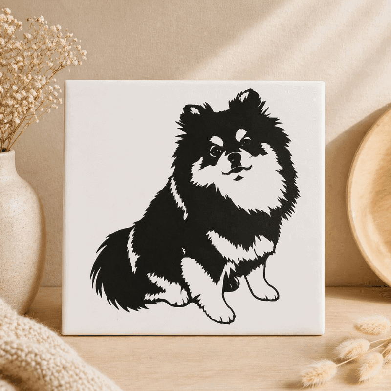 Silhouet van een schattige hond op een wit tegeltje, perfect voor kinderkamers en woondecoratie.