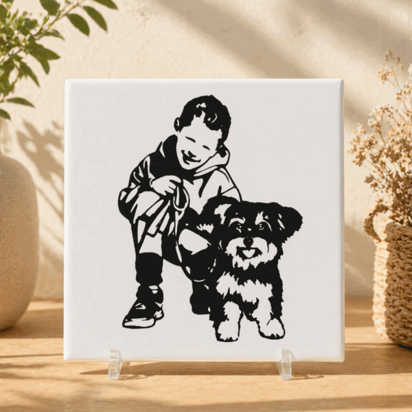 Handgemaakt gepersonaliseerd silhouet tegeltje van kind en hond, 15x15cm.