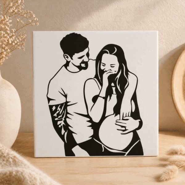 Silhouet tegeltje met gepersonaliseerd ontwerp van een lachend stel. Perfect als uniek cadeau of dec.