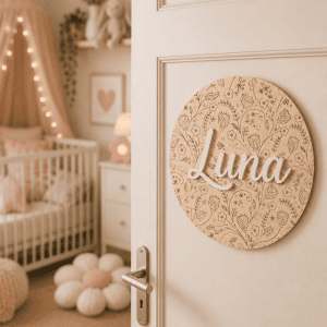 Rond houten naambord met bloemmotief en naam Luna voor kinderkamer.