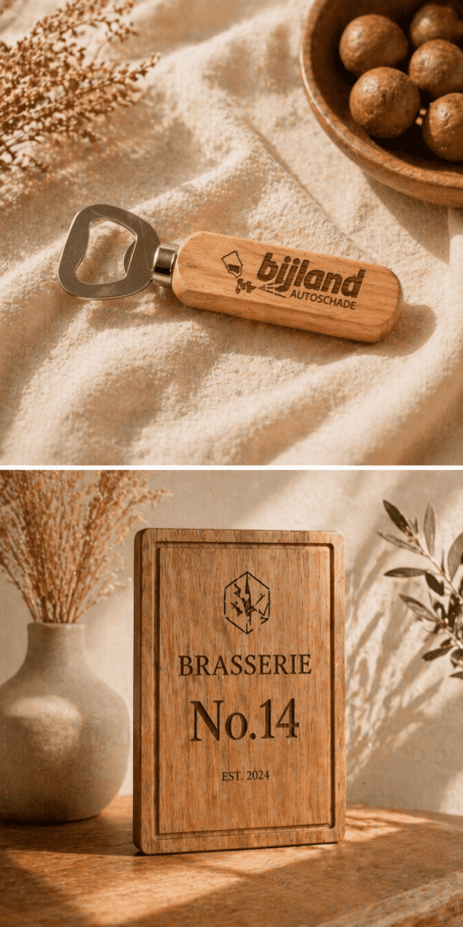 Houten flesopener met logo en tekst voor gepersonaliseerde cadeaus.