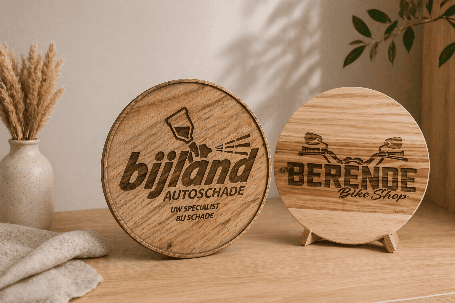 Twee houten naamborden voor bedrijf en winkel, met logo's en teksten.