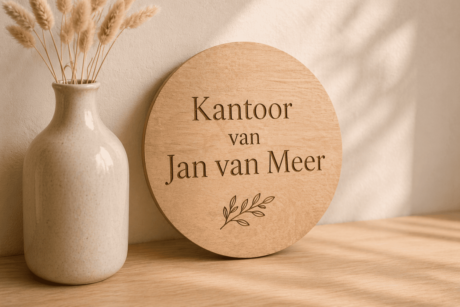Houten naambord met bedrijfsnaam voor kantoor of werkruimte.