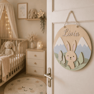 Gepersonaliseerde houten dierenwanddecor met naam voor kinderkamer, met bergen en konijn.