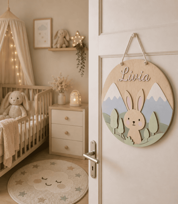 Gepersonaliseerde houten dierenwanddecor met naam voor kinderkamer, met bergen en konijn.