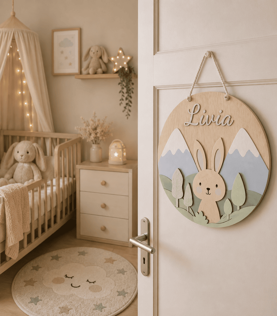 Gepersonaliseerde houten dierenwanddecor met naam voor kinderkamer, met bergen en konijn.