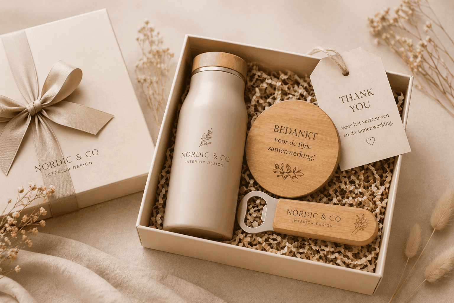 Bedankgeschenk met bedankkaart, houten sleutelhanger en thermosfles in een geschenkdoos.