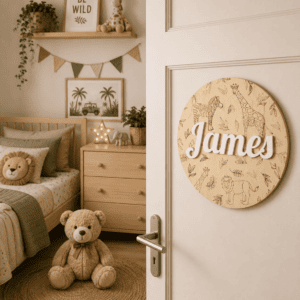 Gepersonaliseerde houten dierennaamcirkel met naam "James" voor kinderkamer decoratie.