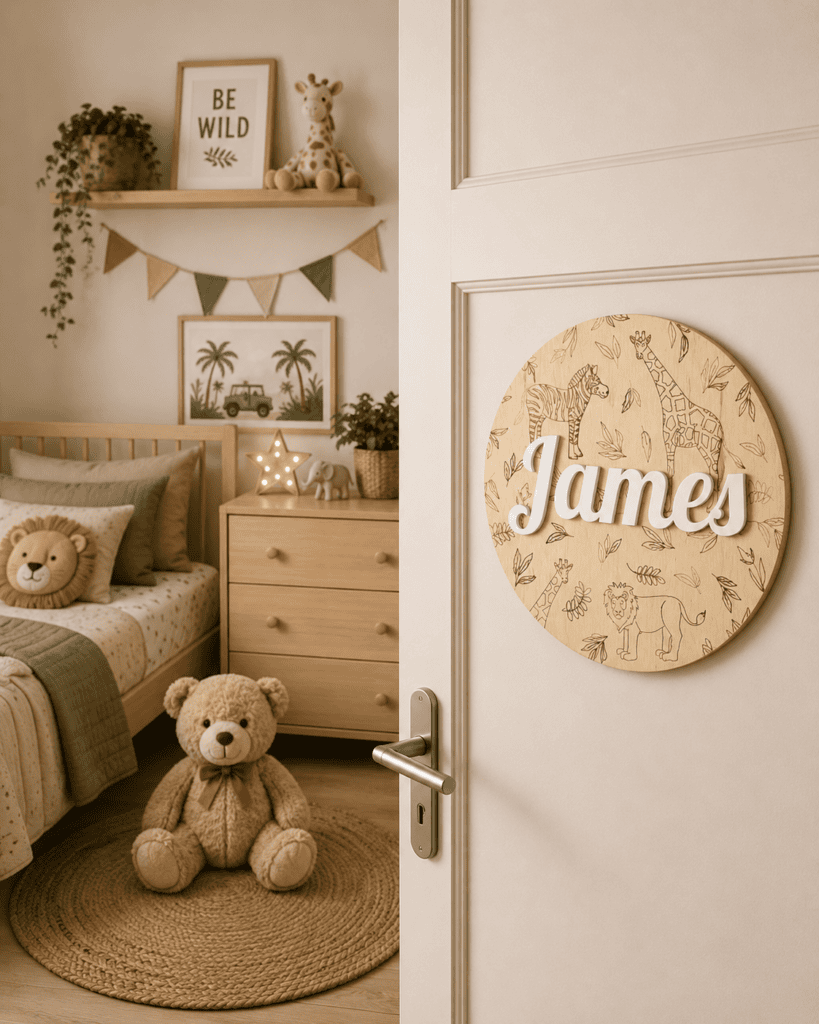 Gepersonaliseerde houten dierennaamcirkel met naam "James" voor kinderkamer decoratie.