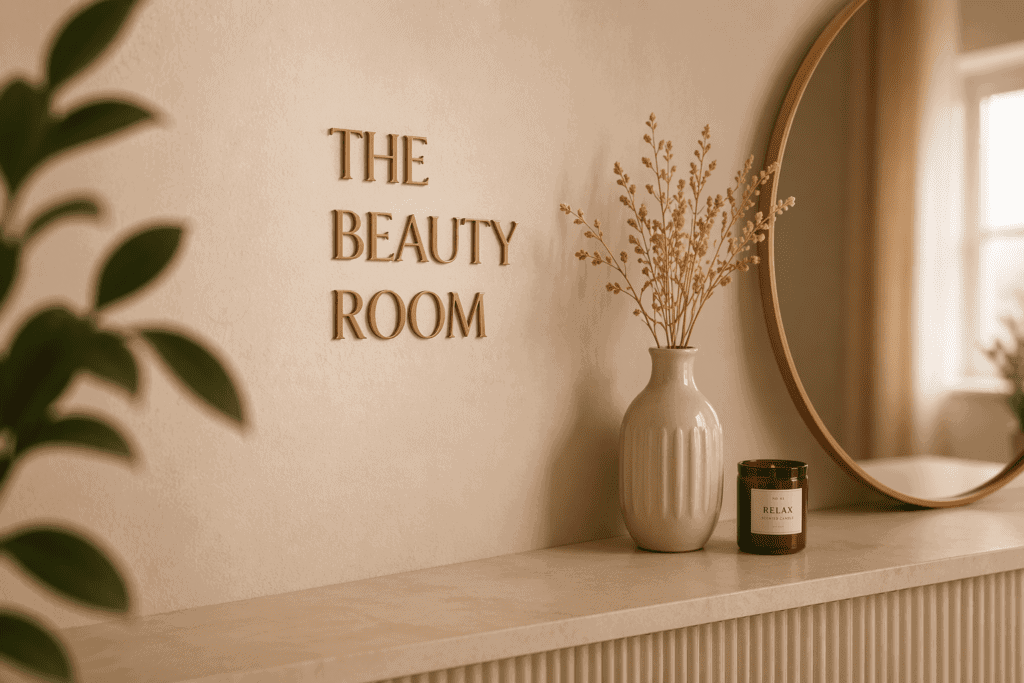 Decoratieve muurtekst "The Beauty Room" met bloemvaas en spiegel.