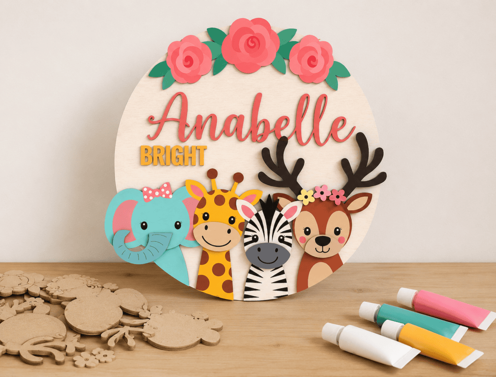 Handgemaakt dierennaambord met bloemen en naam Anabelle voor kinderkamer.