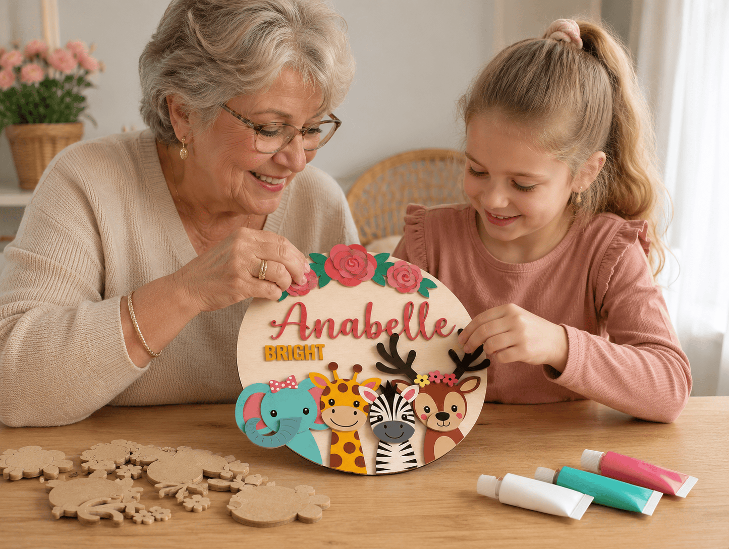 Gepersonaliseerd naambord met dierenfiguren voor kinderkamers en woondecoratie.