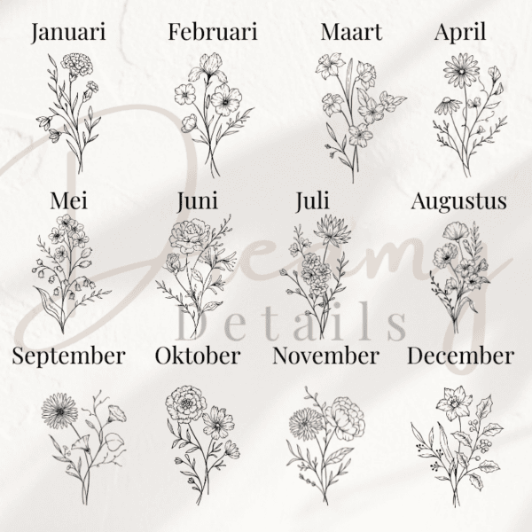 Geboortemaand bloemen illustratie voor gepersonaliseerd cadeau of decoratie.