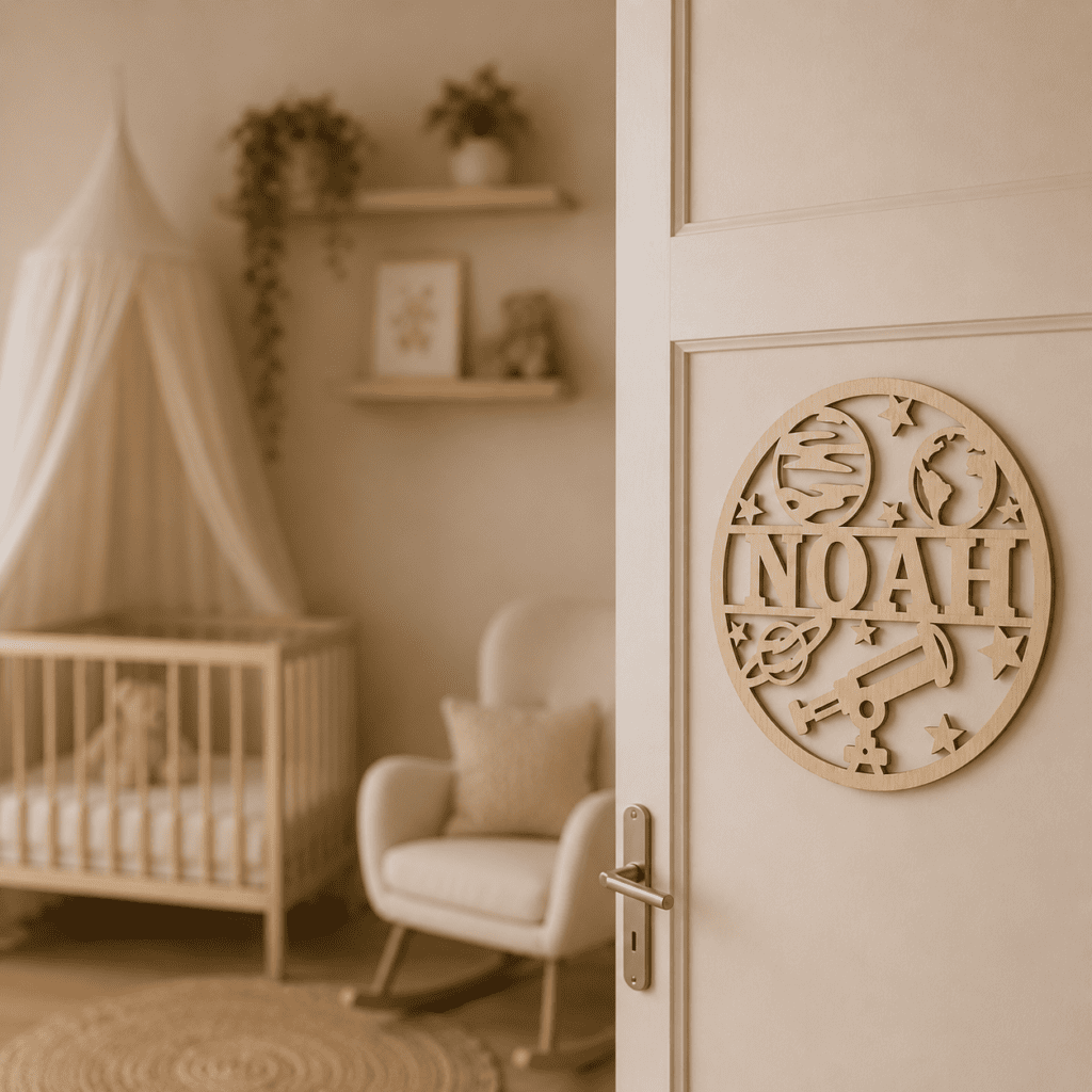 Houten naam Noah met dieren en sterren voor babykamer decoratie.