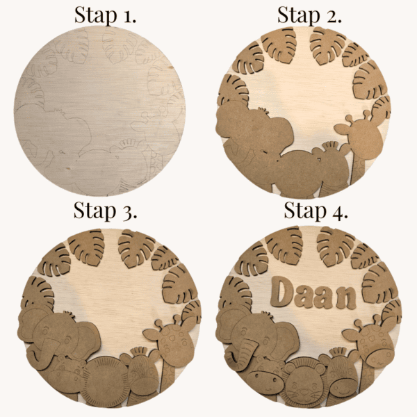 Decoratieve houten cirkel met dieren en naam voor kinderkamer.