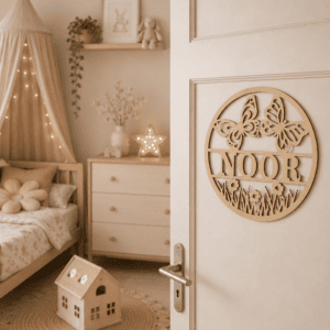 Houten decoratie met naam en vlinders voor kinderkamer, rustieke stijl.