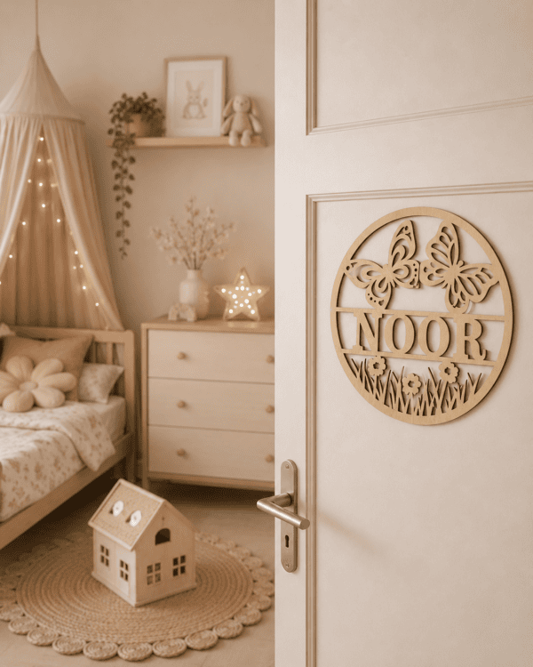 Houten decoratie met naam en vlinders voor kinderkamer, rustieke stijl.