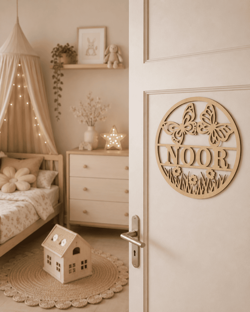 Houten decoratie met naam en vlinders voor kinderkamer, rustieke stijl.