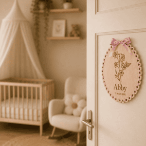 Gepersonaliseerd houten naambord met bloem en naam Abby voor kinderkamer.