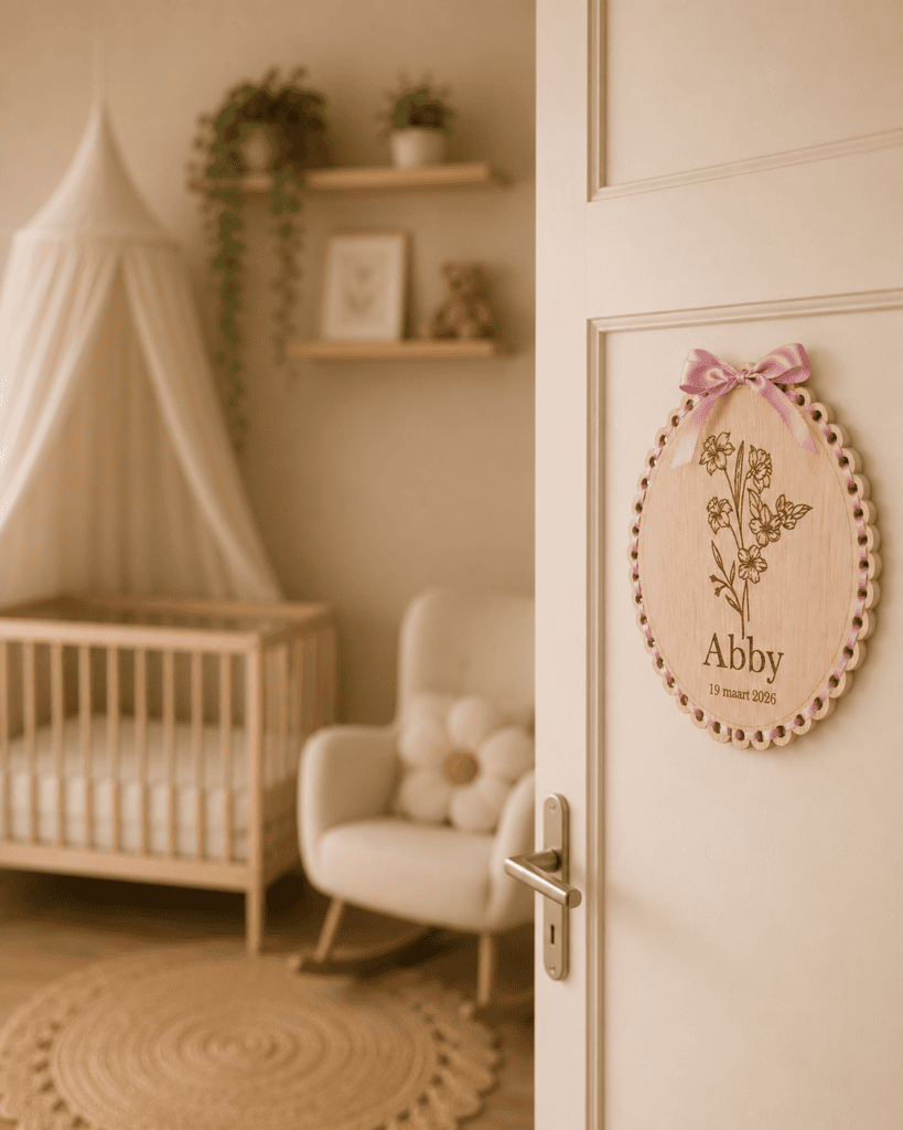 Gepersonaliseerd houten naambord met bloem en naam Abby voor kinderkamer.