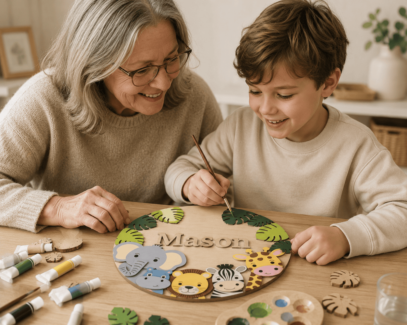 Gepersonaliseerd naambord met dierenillustraties voor kinderkamers.