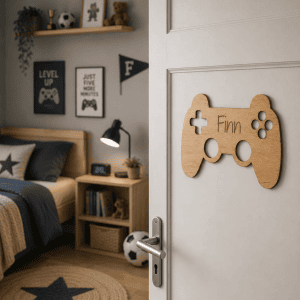 Houten gamecontroller met naam Finn, decoratie voor kinderkamer.