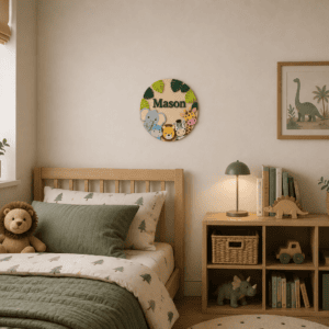 Kinderkamer met gepersonaliseerd dierennaam naambord en decoratie.