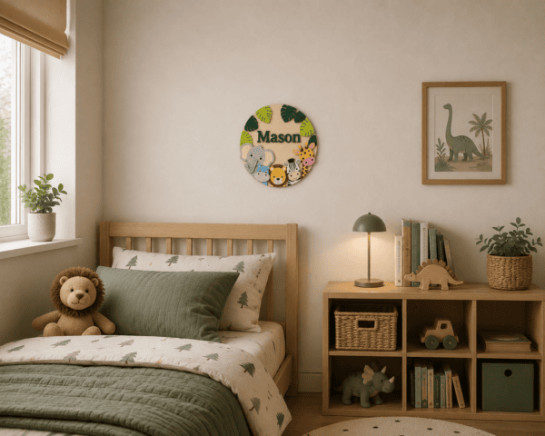 Kinderkamer met gepersonaliseerd dierennaam naambord en decoratie.
