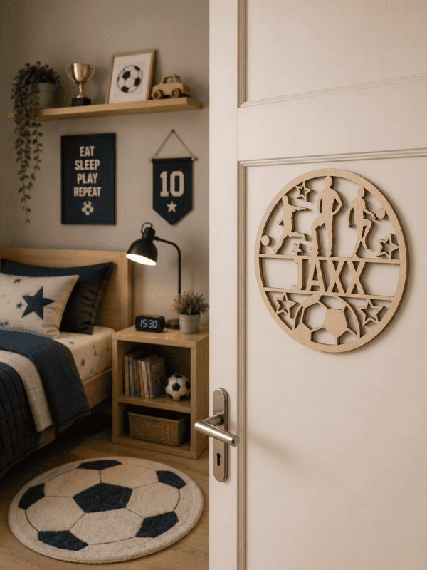 Decoratief houten voetbalwandkunst met sportthema voor kinderkamer of sportliefhebbers.