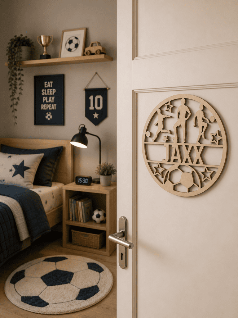 Decoratief houten voetbalwandkunst met sportthema voor kinderkamer of sportliefhebbers.