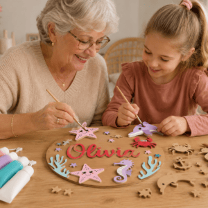 Oma en kleindochter maken samen een gepersonaliseerd houten decoratiecadeau.