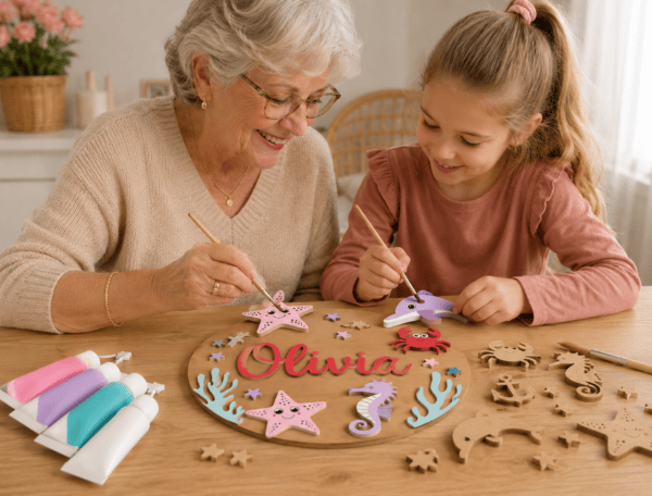Oma en kleindochter maken samen een gepersonaliseerd houten decoratiecadeau.