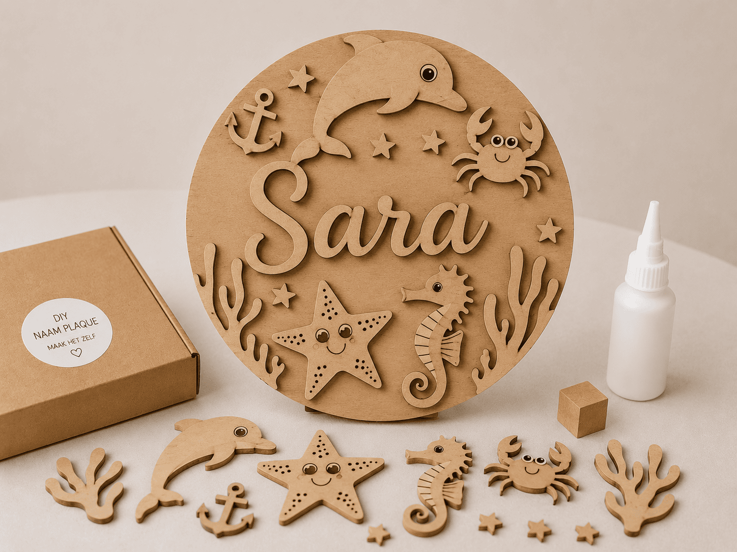 Houten naamplaat met zeedieren en de naam Sara, perfect voor kinderkamers en babykamers.