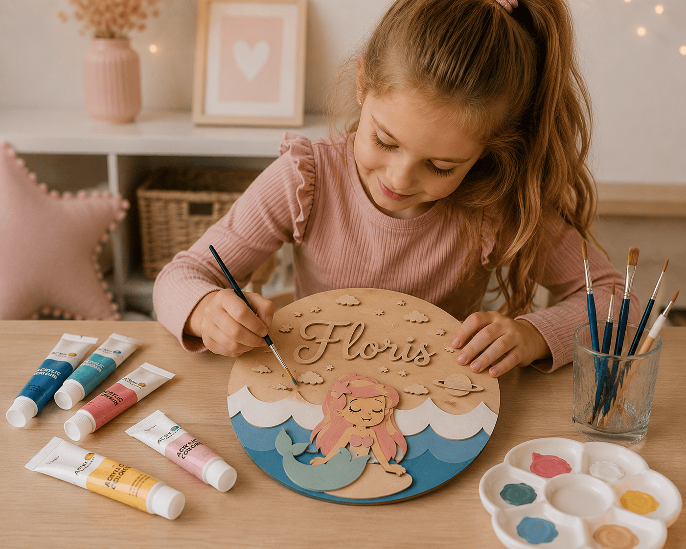 Gepersonaliseerd kinderkamerdecoratie met zeemeermin en naam Floris.