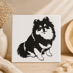 Silhouet van een schattige hond op een wit tegeltje, perfect voor kinderkamers en woondecoratie.